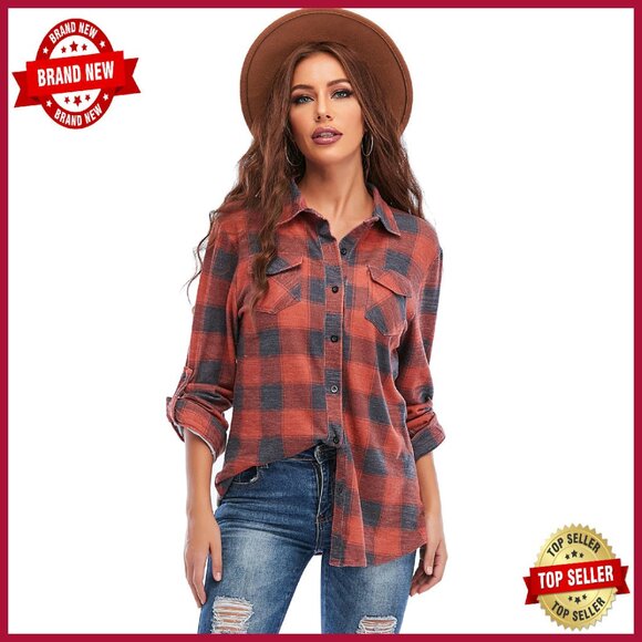 Tops - Women's Casual Long Sleeve Button Down Plaid Flannel Shirt